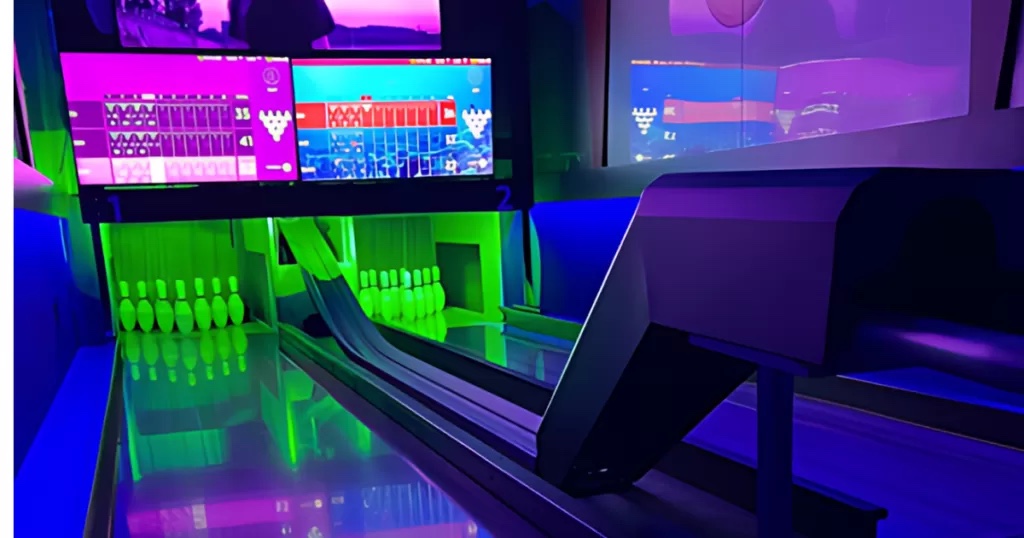 Real neon-lit bowling lanes and digital scoring screens inside the Legendary Strikes mobile bowling alley and game truck